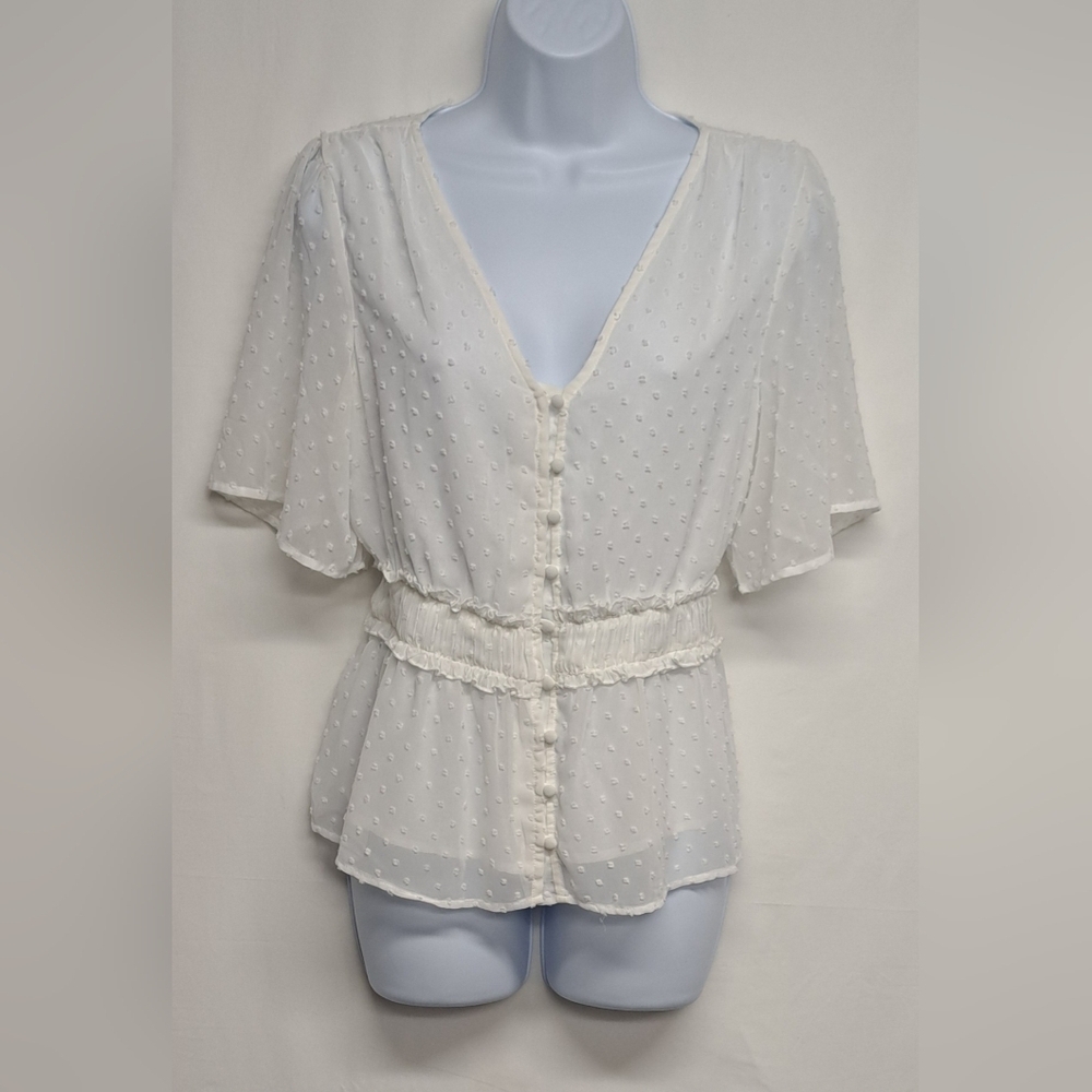 Alya M Semi Sheer Button Down Blouse Top Elastic Pleated Waist Knotted